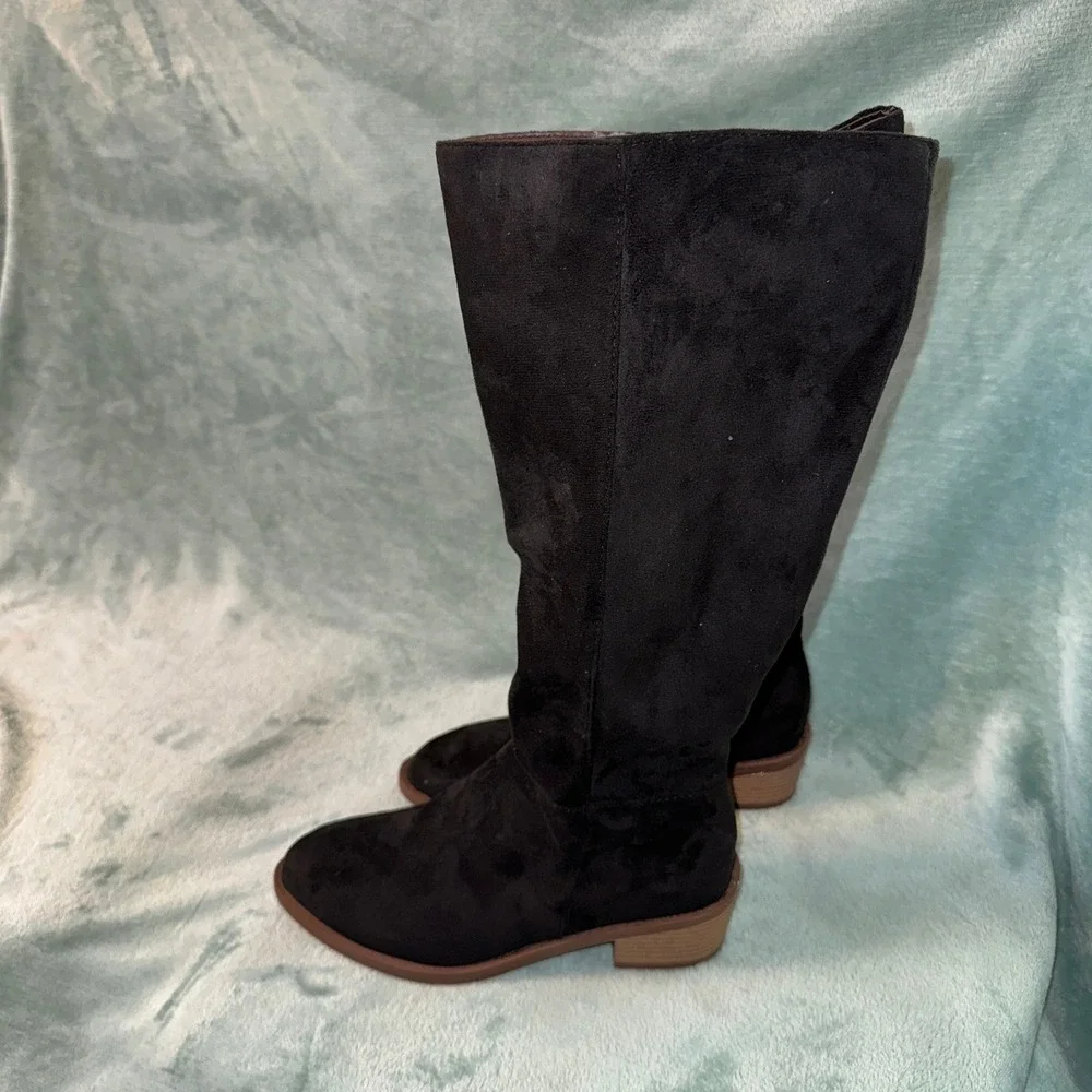 Unbranded Women Tall Riding Boots 39 Black Faux Suede Block Heel